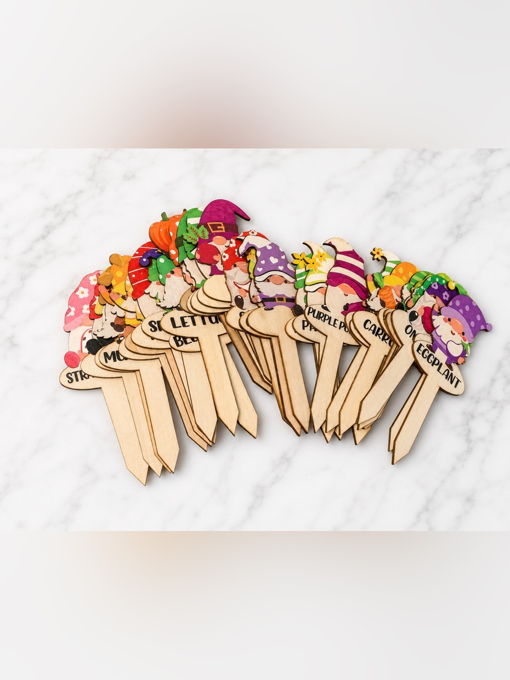 Wooden Garden Gnome Plant Stakes - Colorful Assorted Sets